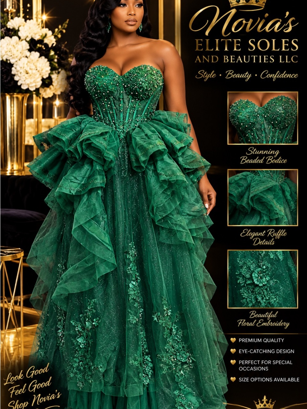 Novia's Emerald Green Strapless Ruffle Ball Gown